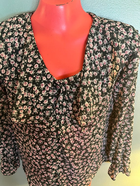 Vintage Sheer Green Floral Shirt. Puff Sleeved Fl… - image 2