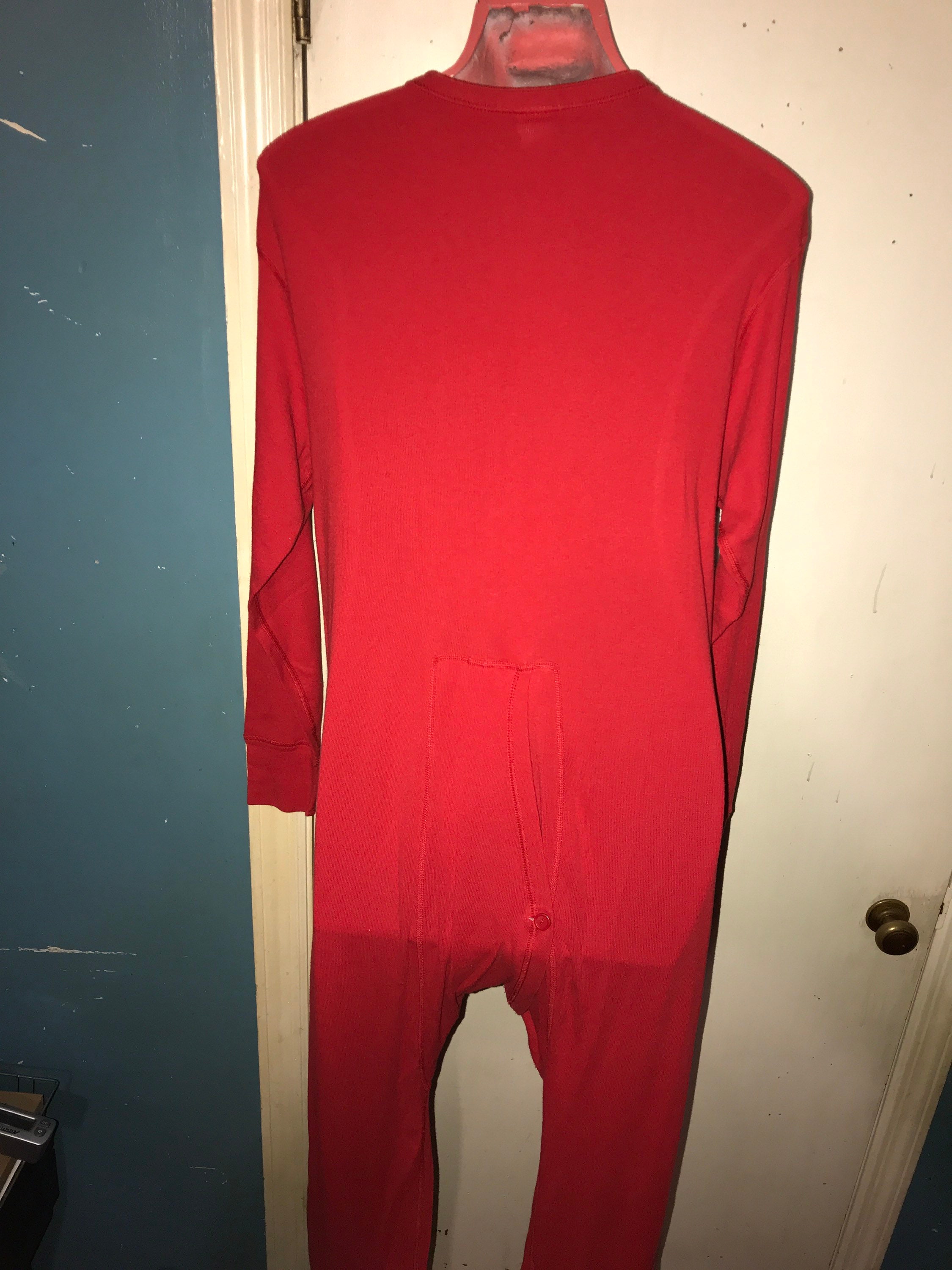 Vintage Red Union Suit With Rear Butt Flap. Thermal Onesie Long