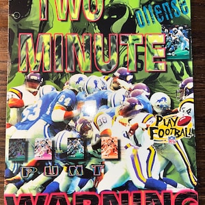 May include: A vintage football-themed poster with a green background and the words "TWO MINUTE" in large, colorful letters. The image features football players in action, with the words "PUNT" and "WARNING" at the bottom. The NFL logo is visible.