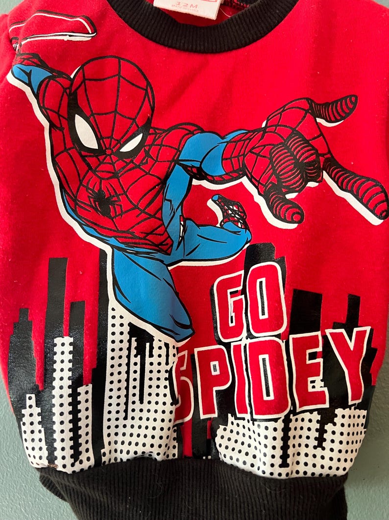 K&ouml;nnte beinhalten: Ein rotes Langarm-Sweatshirt mit einer Grafik der Figur Spider-Man in einer dynamischen Pose &uuml;ber einer schwarz-wei&szlig;en Stadtsilhouette. Der Text GO SPIDEY ist in fetten roten und wei&szlig;en Buchstaben aufgedruckt. Es hat einen schwarzen Rippkragen.
