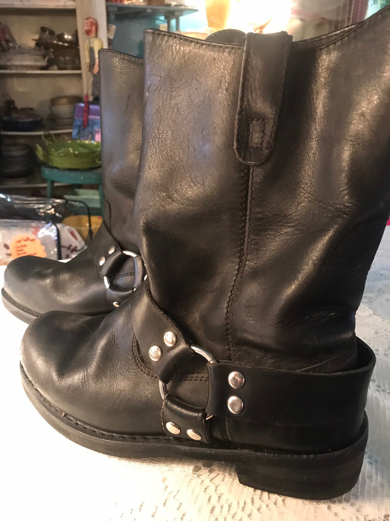 Vintage Black Leather Motorcycle Boots. 1990's Black Leather Boots ...