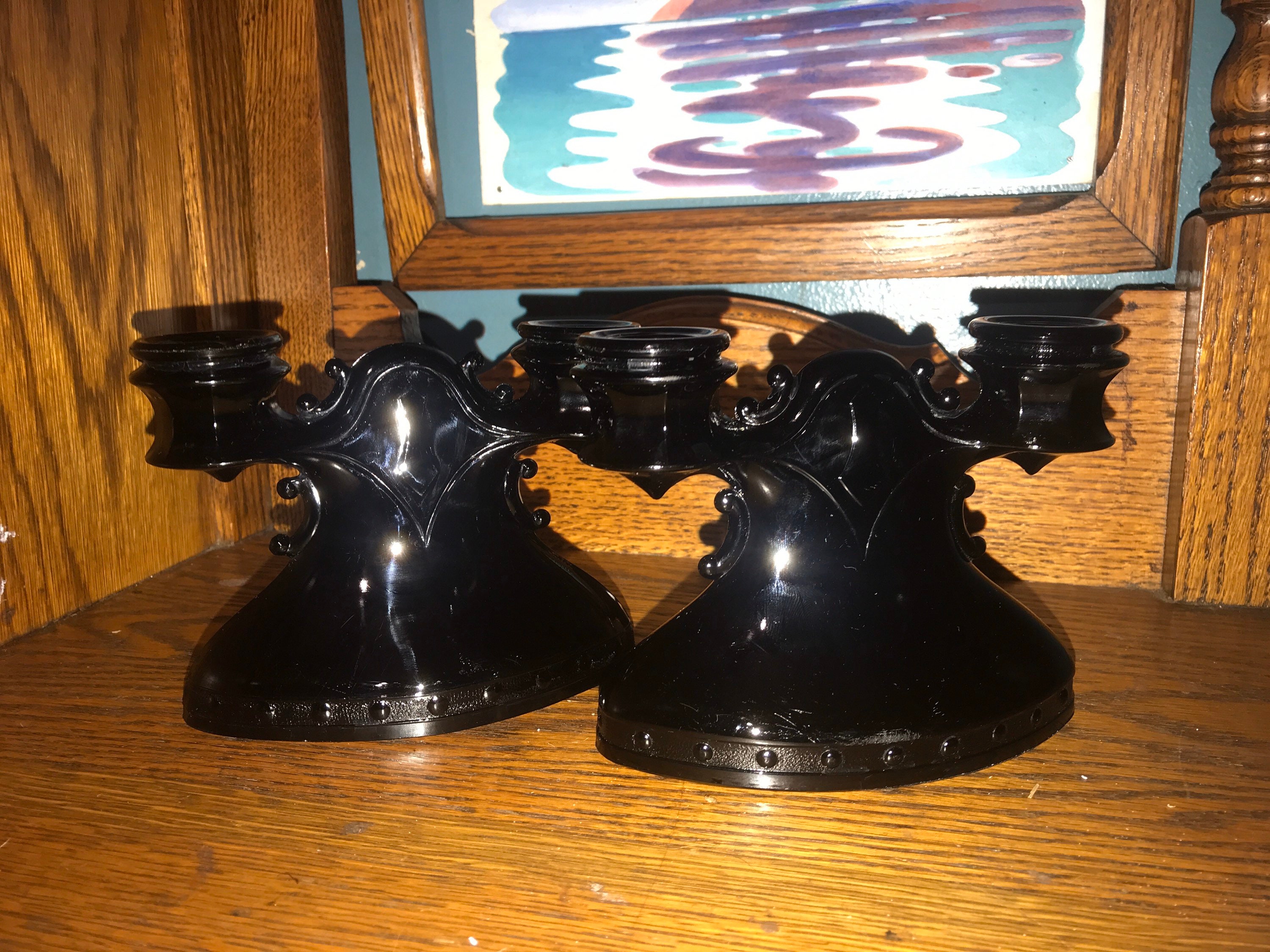 Vintage Black Depression Glass Candle Stick Holders. L.E. Smith Set of Two Double Amethyst