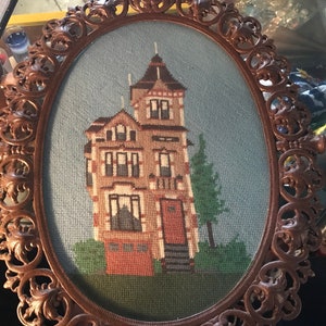 Vintage Victorian Style House Framed Needlepoint