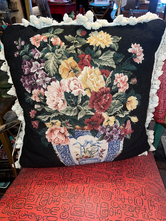 Vintage Black Floral Needlepoint Pillow With Tassels