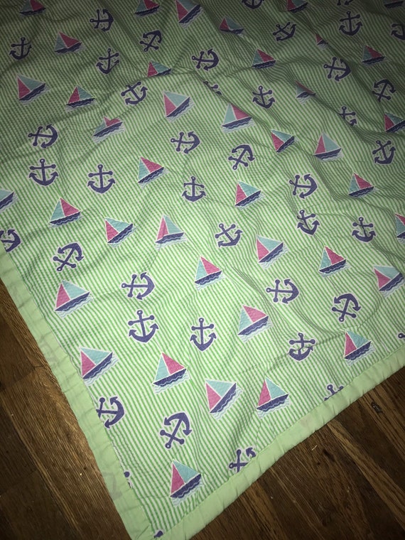 Vintage 1980’s Green and White Striped Baby Blanket With Sailboats