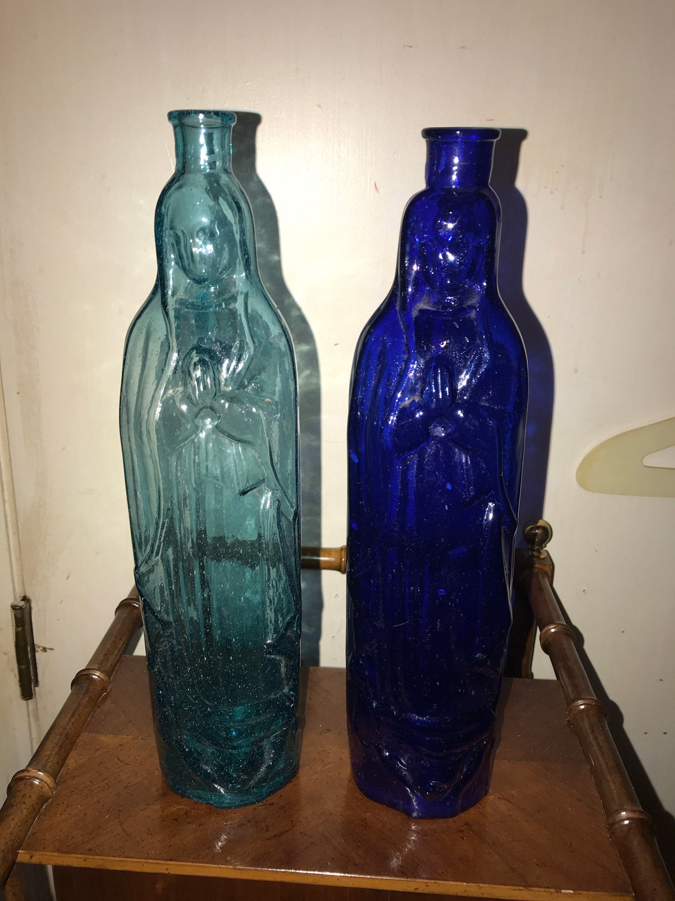 Vintage Blue Glass Virgin Of Guadalupe Avalalos Holy Water Bottle Cobalt Blue Aqua Blue Holy