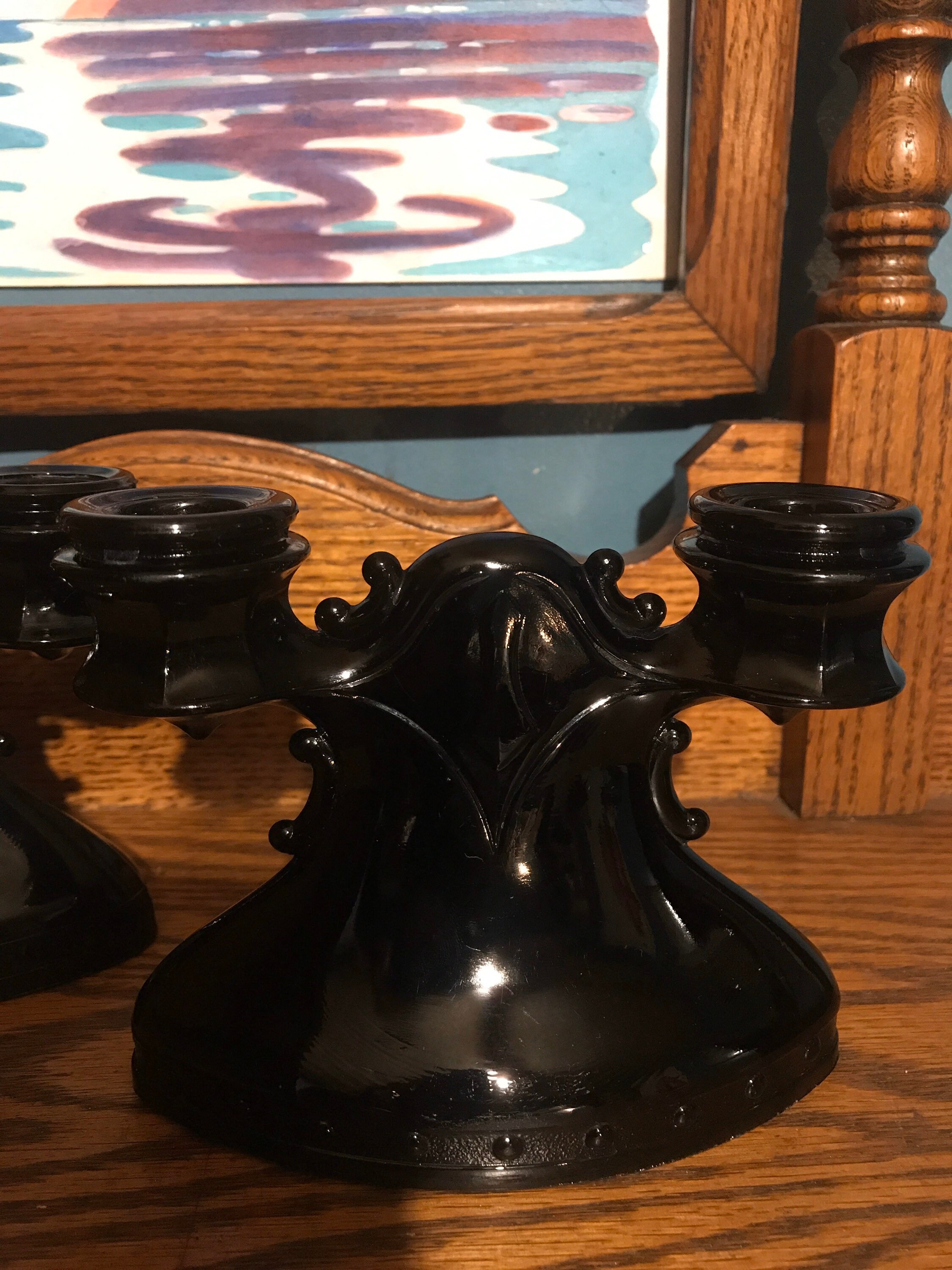Vintage Black Depression Glass Candle Stick Holders. L.E. Smith Set of Two Double Amethyst