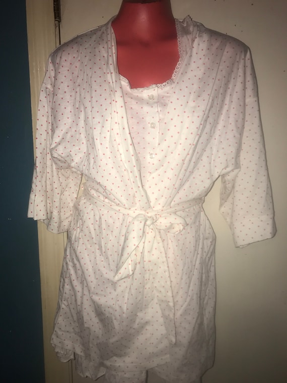 Vintage Adorable Cotton Nightgown and Robe. Short White With Red Polka Dots Nightie and Matching Robe. NWT Robe and Nightie Set. Size S/M