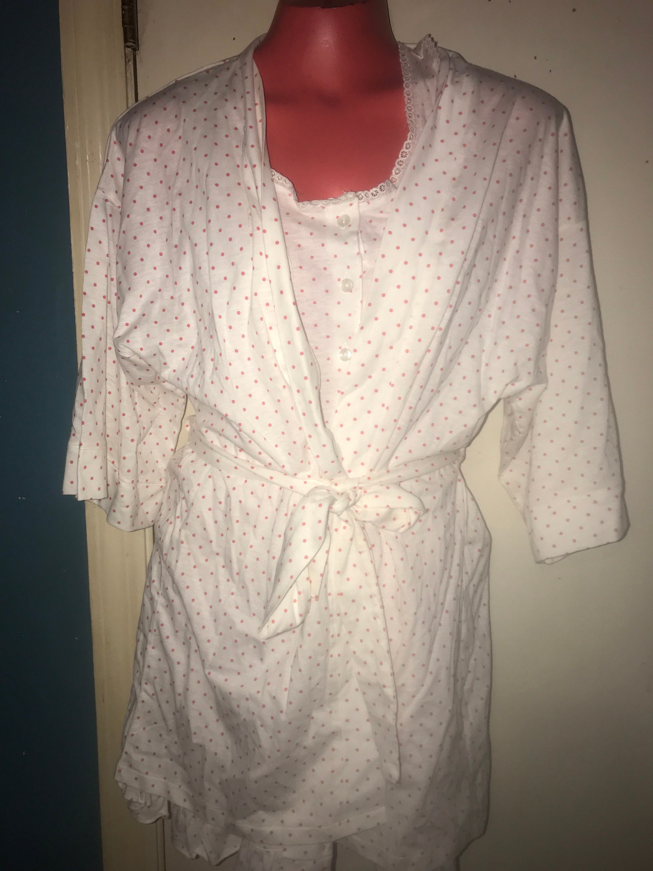 Vintage Adorable Cotton Nightgown and Robe. Short White With Red Polka