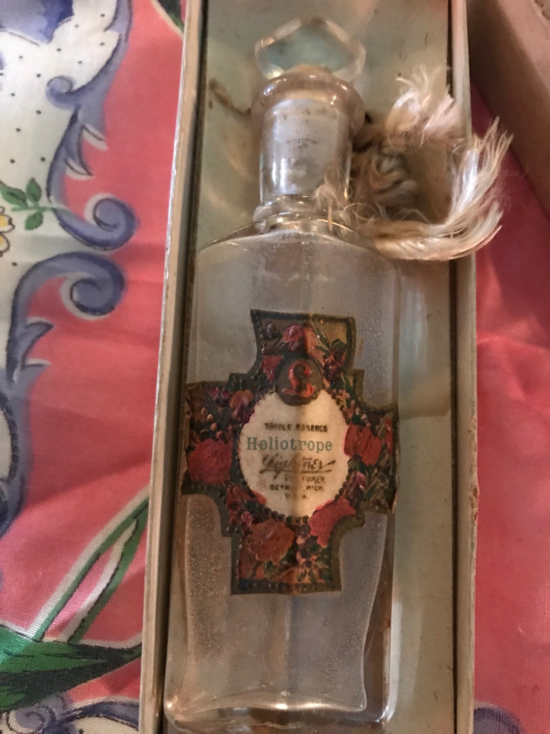 Vintage Heliotrope Perfume Bottle. Edwardian Christmas Greetings