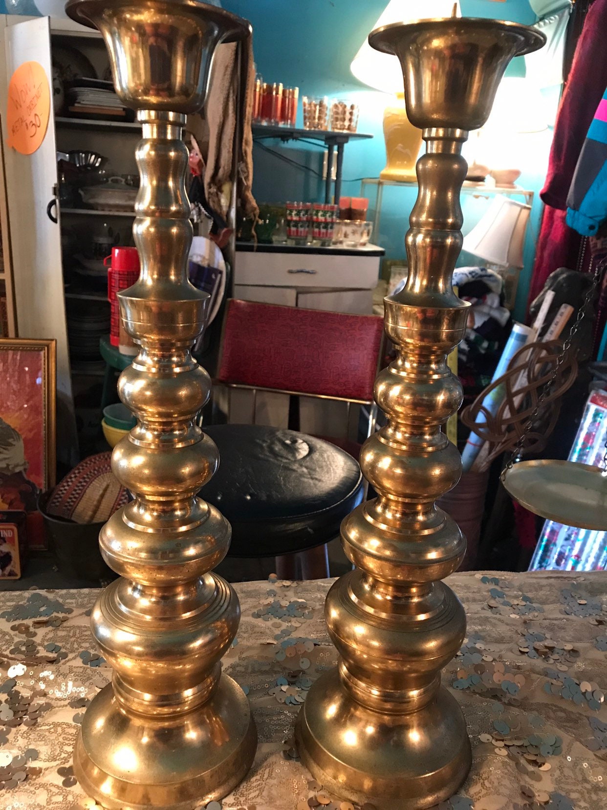 Vintage Huge Brass Candlestick Holders. Two Large Brass Candle Holders