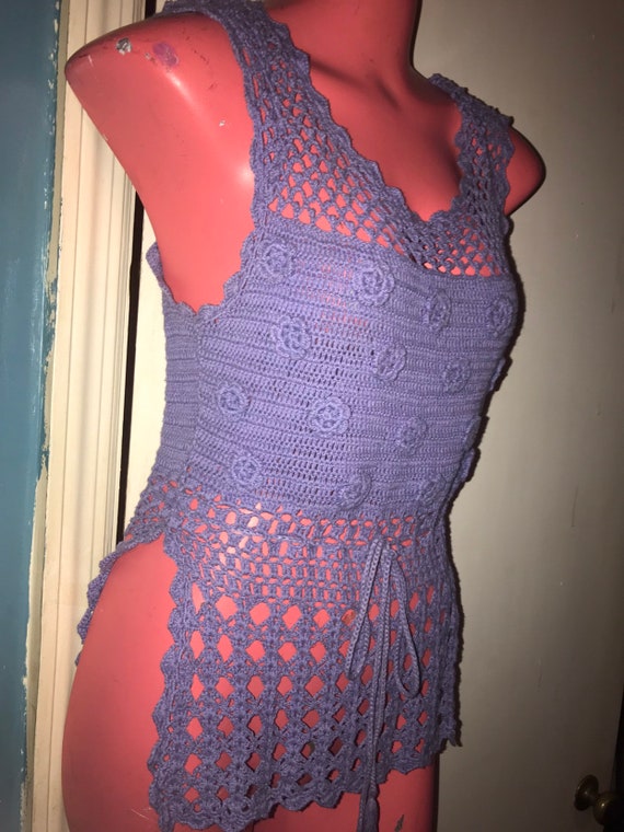 Vintage Purple Crochet Shirt. 90's Purple Crochet… - image 3