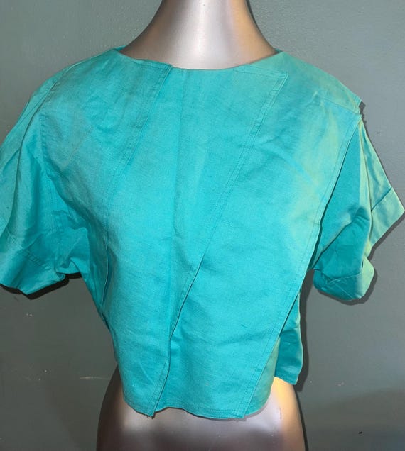 Vintage 80's Aqua Green Shirt. Buttons on Back,Excellent Cut, Size Small