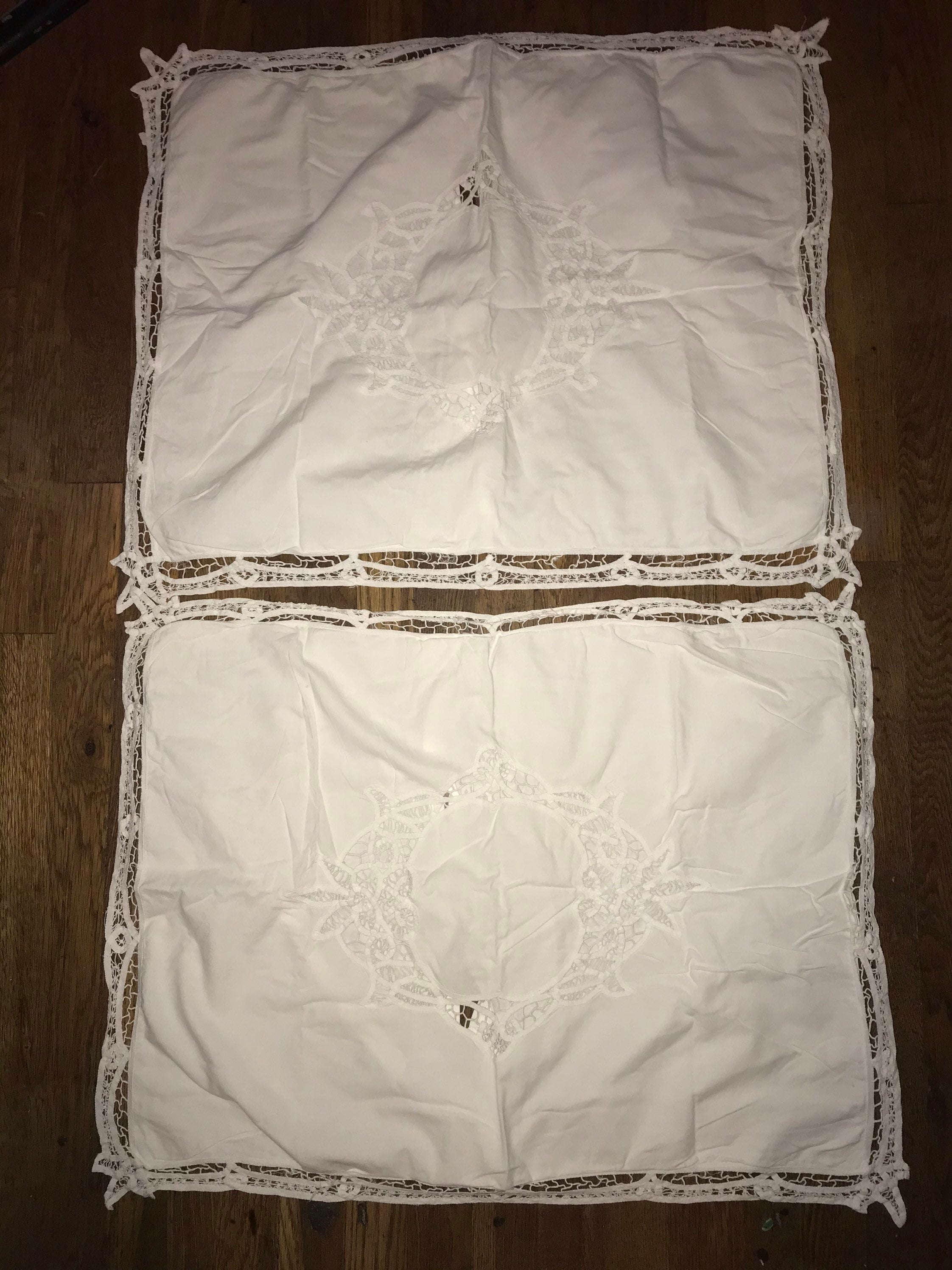 Vintage White Cotton Battenburg Lace Pillow Shams. Two Standard
