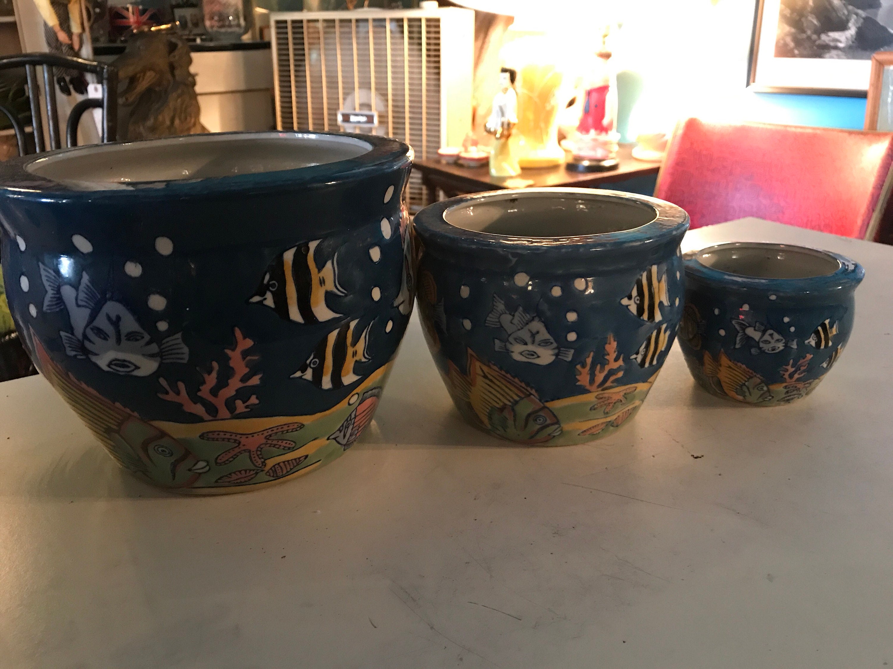 Vintage Chinese Porcelin Flower Pot. Chinese Flower Pots. Fish Design