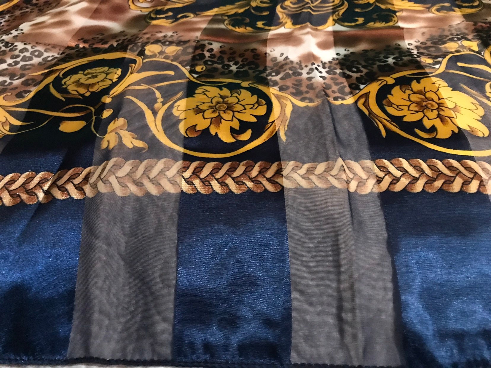 Vintage Bold Navy and Gold Satin Scarf. Large Navy Blue And Gold Floral ...