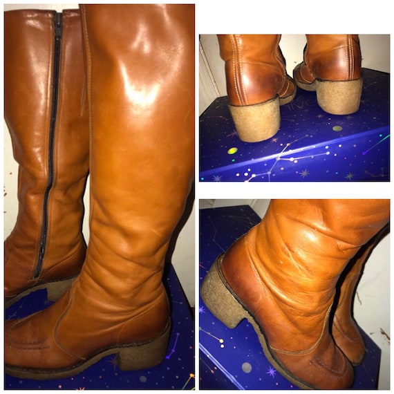 Vintage Brown Leather Boots. 1960's Tall Brown Lea