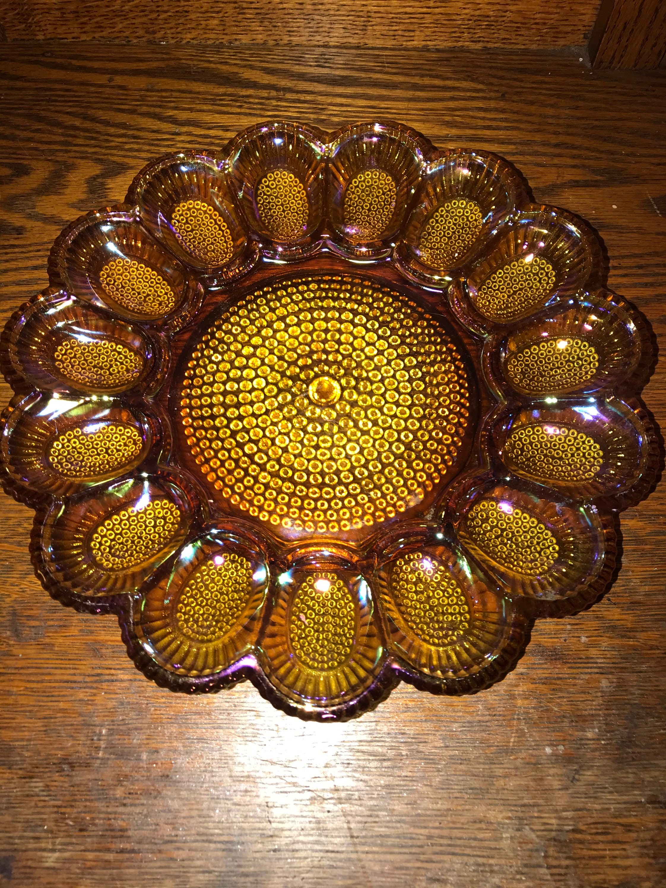Vintage Carnival Glass Egg Plate. Iridescent Gold Deviled Egg Serving