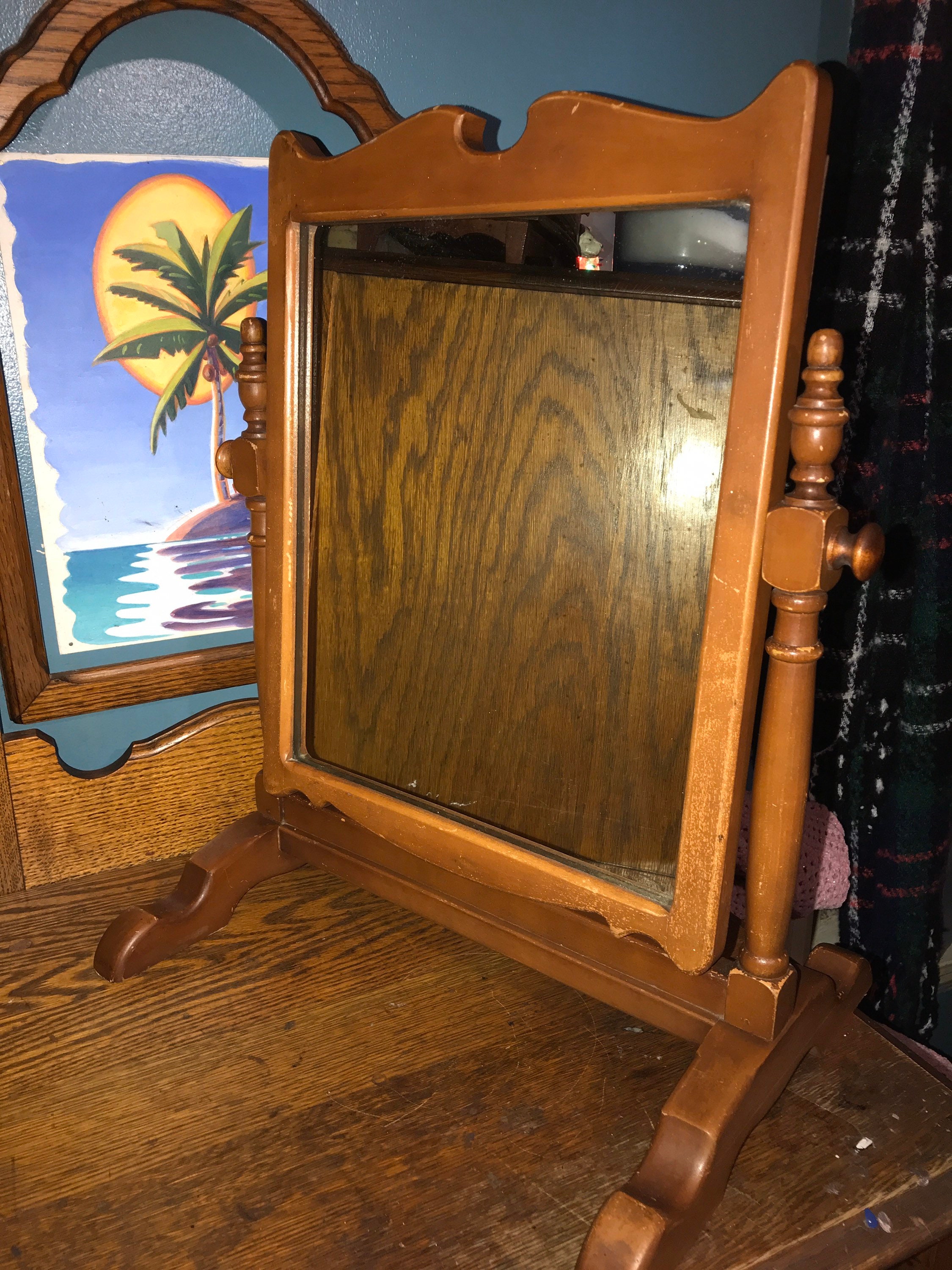 Vintage Wooden Vanity Mirror. Vintage Table Top Mirror. Large Wood