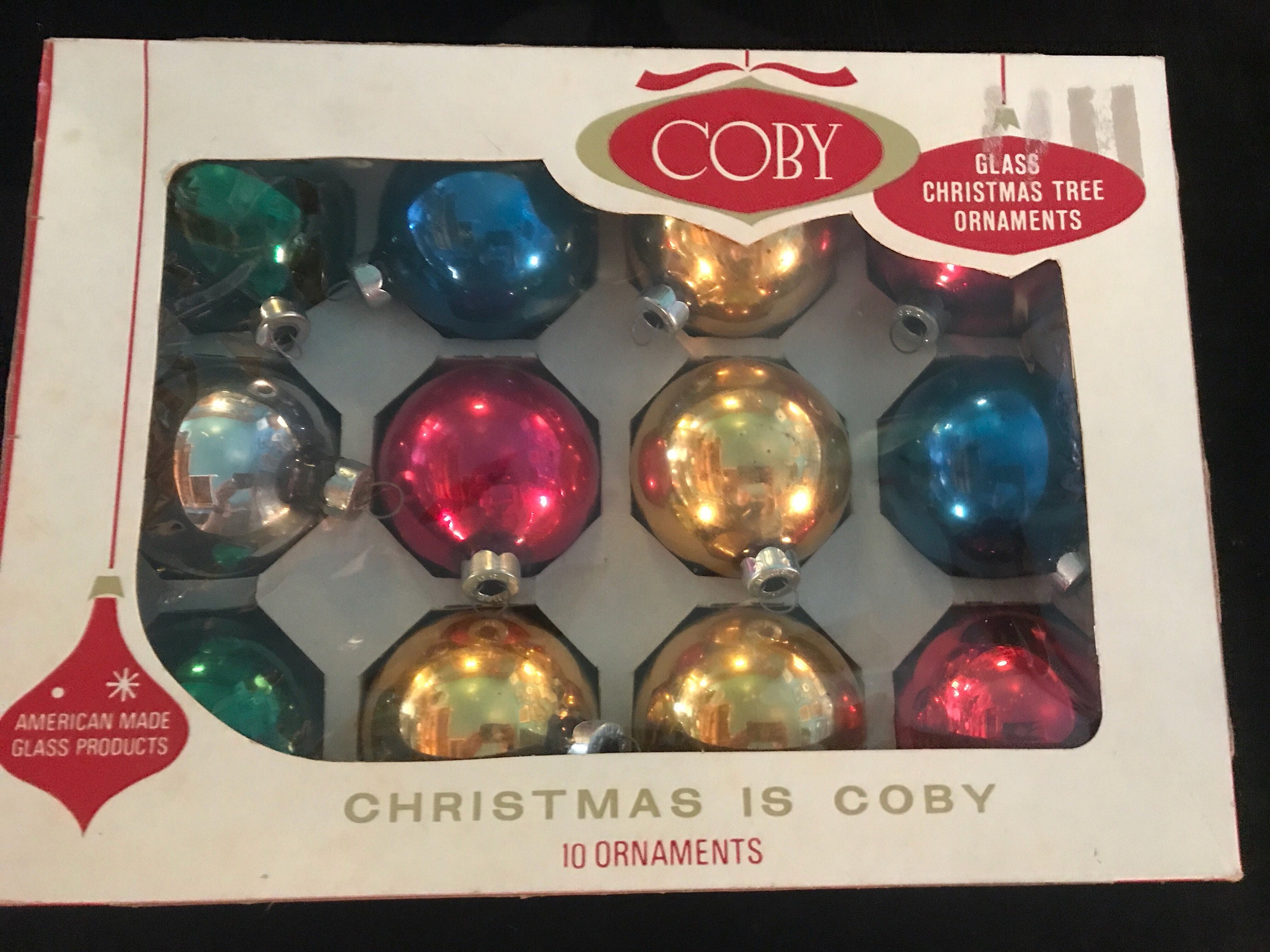 Vintage Glass Ball Ornaments. USA Glass Ball Coby Ornaments. Set of 12