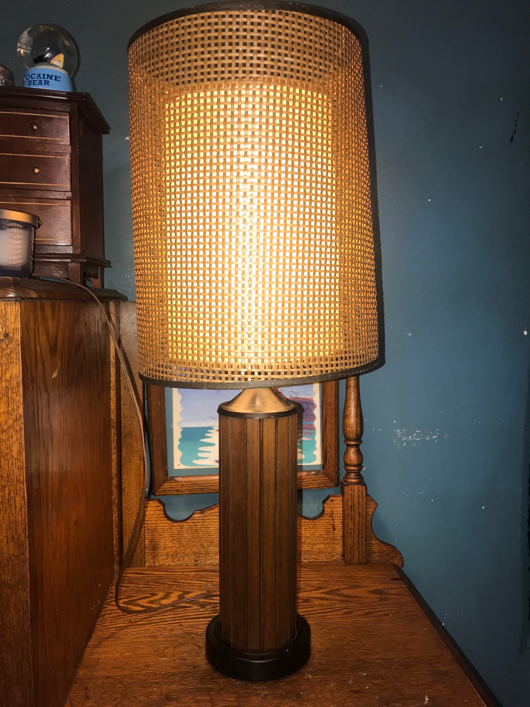 Vintage TeaK Wood Table Lamp. Teak Wood Table Lamp With Rattan and Fiberglass Double Shade. MCM