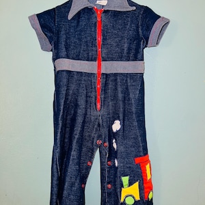 Vintage 1970s Blue and Red Train Jumper One Piece Outfit, Size 12 Months