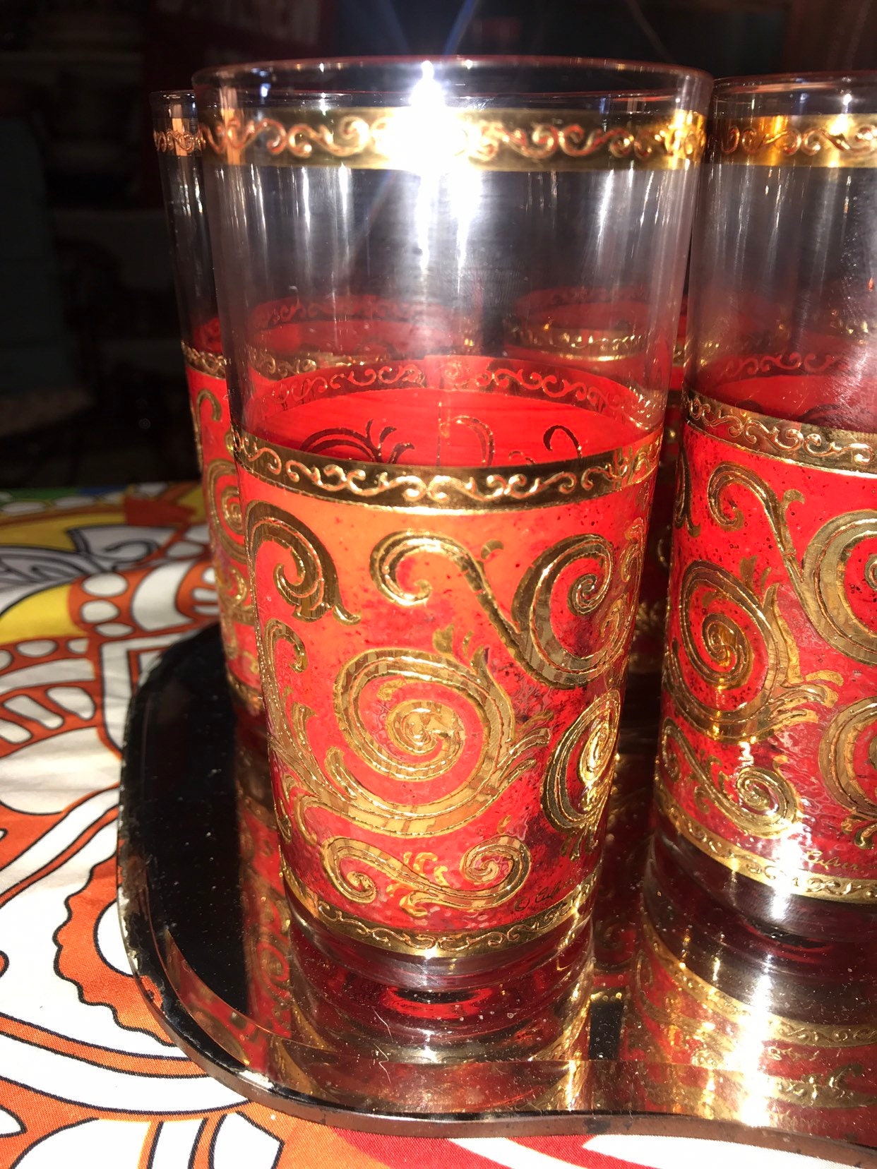 Vintage Red and Gold Culver Glasses. Vintage Culver Highball Glasses