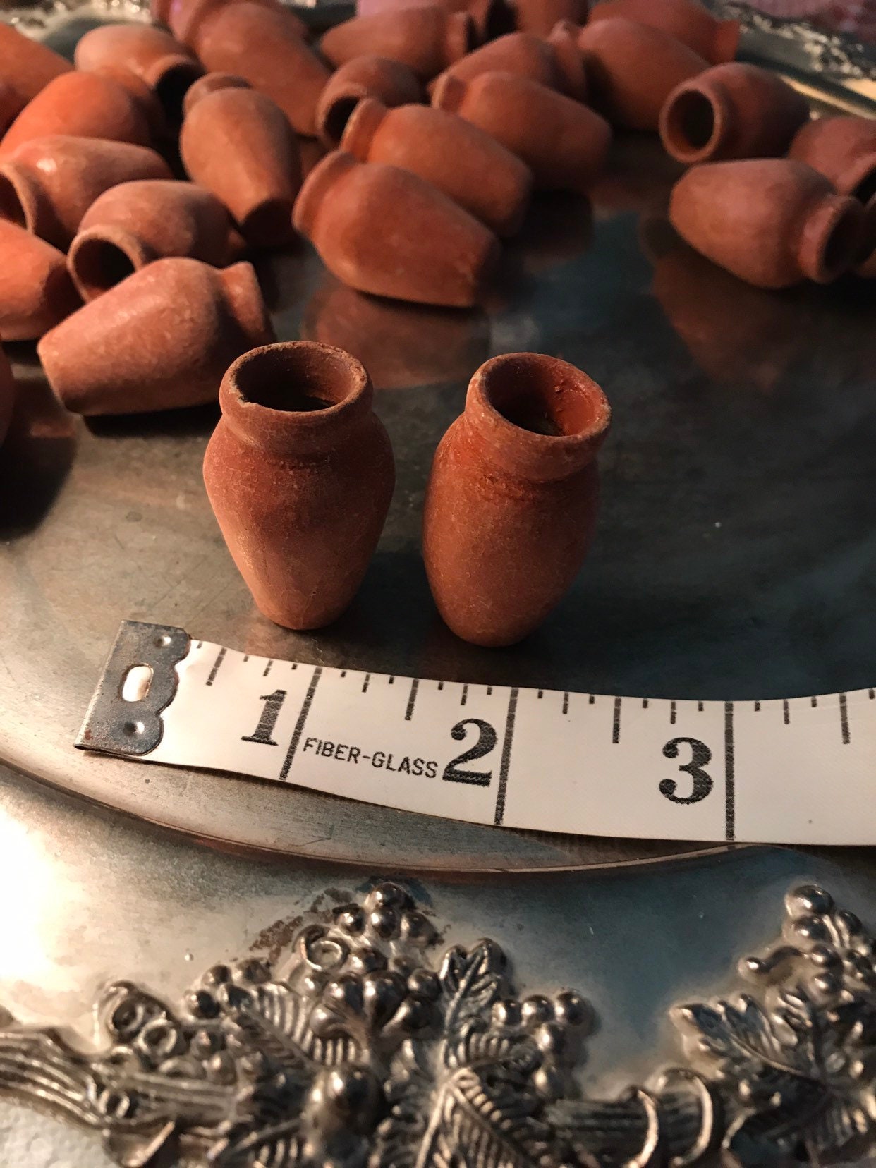 Vintage Doll House. Miniature Clay Pots. Pottery. Set of Two Small Clay