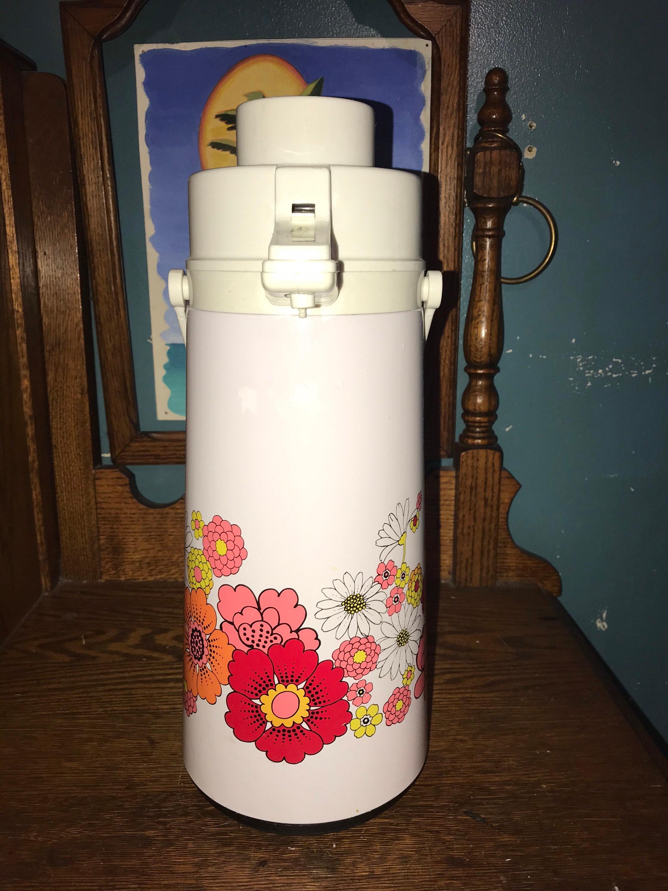 Vintage Floral Airpot Thermos. Retro Pump Thermos. White With Flowers Vacuum Thermos. Hot/Cold