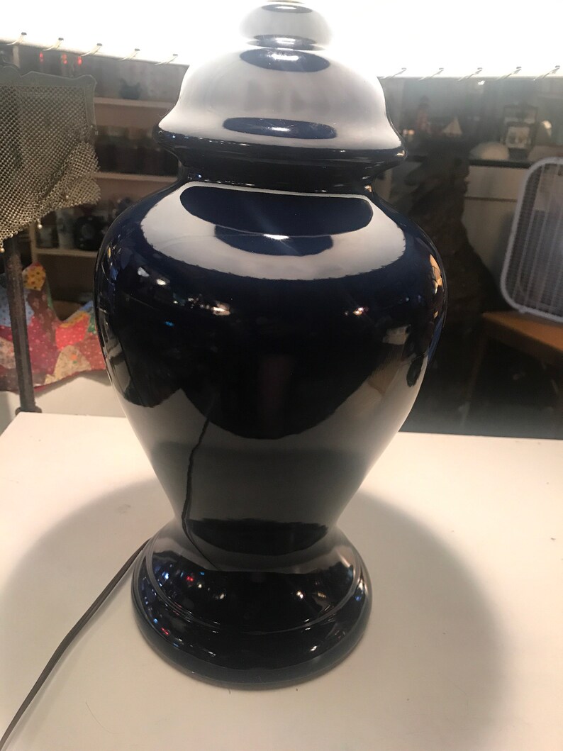 AS IS Cobalt Blue Ginger Jar Lamp Vintage Large Blue Ginger Jar Lamp MCM Picture Lamp Shade Ginger Jar Lamp With Scenic Lampshade