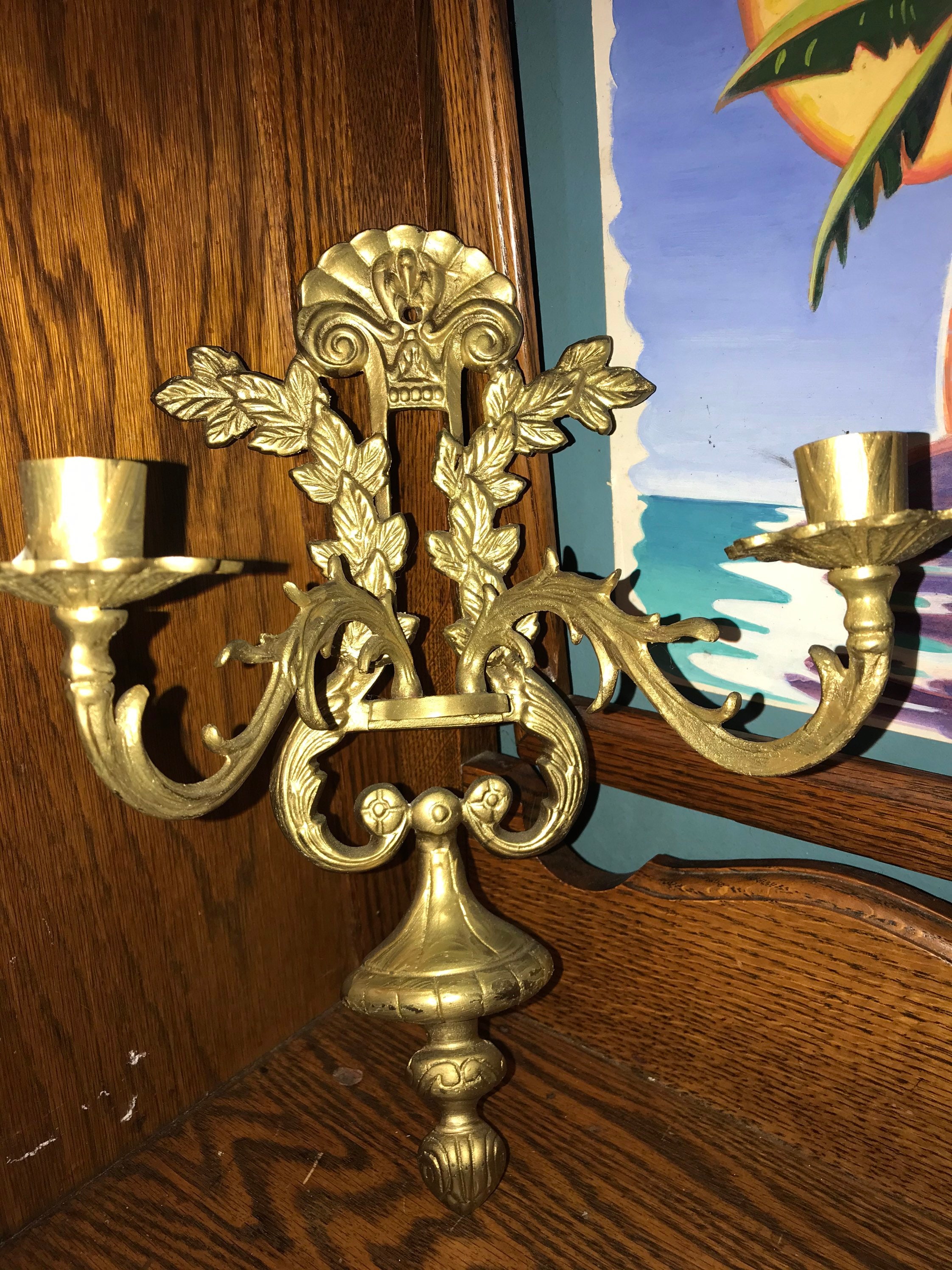 brass wall candle holders on Vintage Intricate Brass Wall Hanging Double Candlestick Holder Beautiful Double Sconce Vintage Brass Wall Sconce