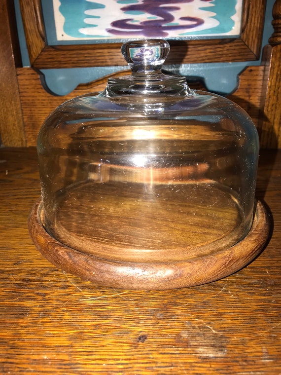 Vintage Goodwood Teakwood Cheese Tray. Small Teakwood Cheese Tray With Glass Dome by Julie Pomerantz. Goodwood Teakwood