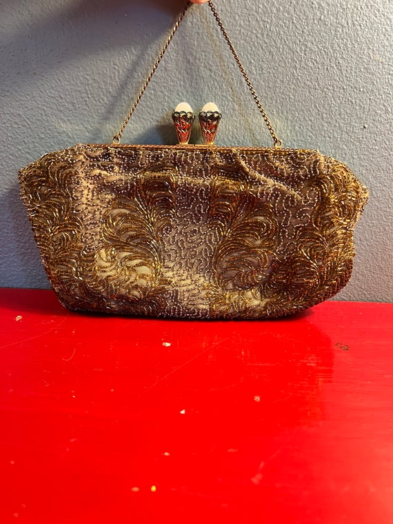 Vintage Gold Beaded Evening Bag. Fancy Gold Beaded