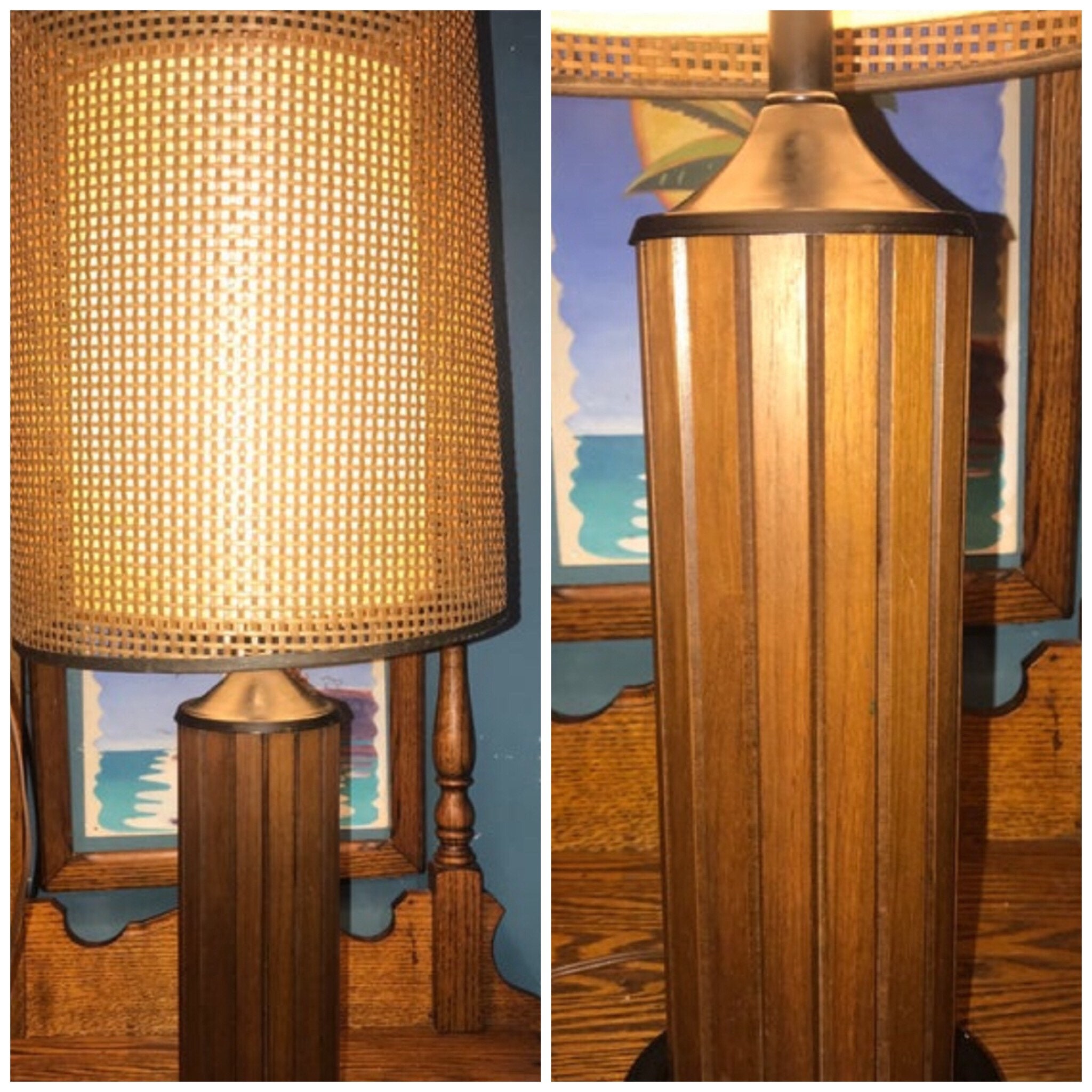 Vintage TeaK Wood Table Lamp. Teak Wood Table Lamp With Rattan and Fiberglass Double Shade. MCM