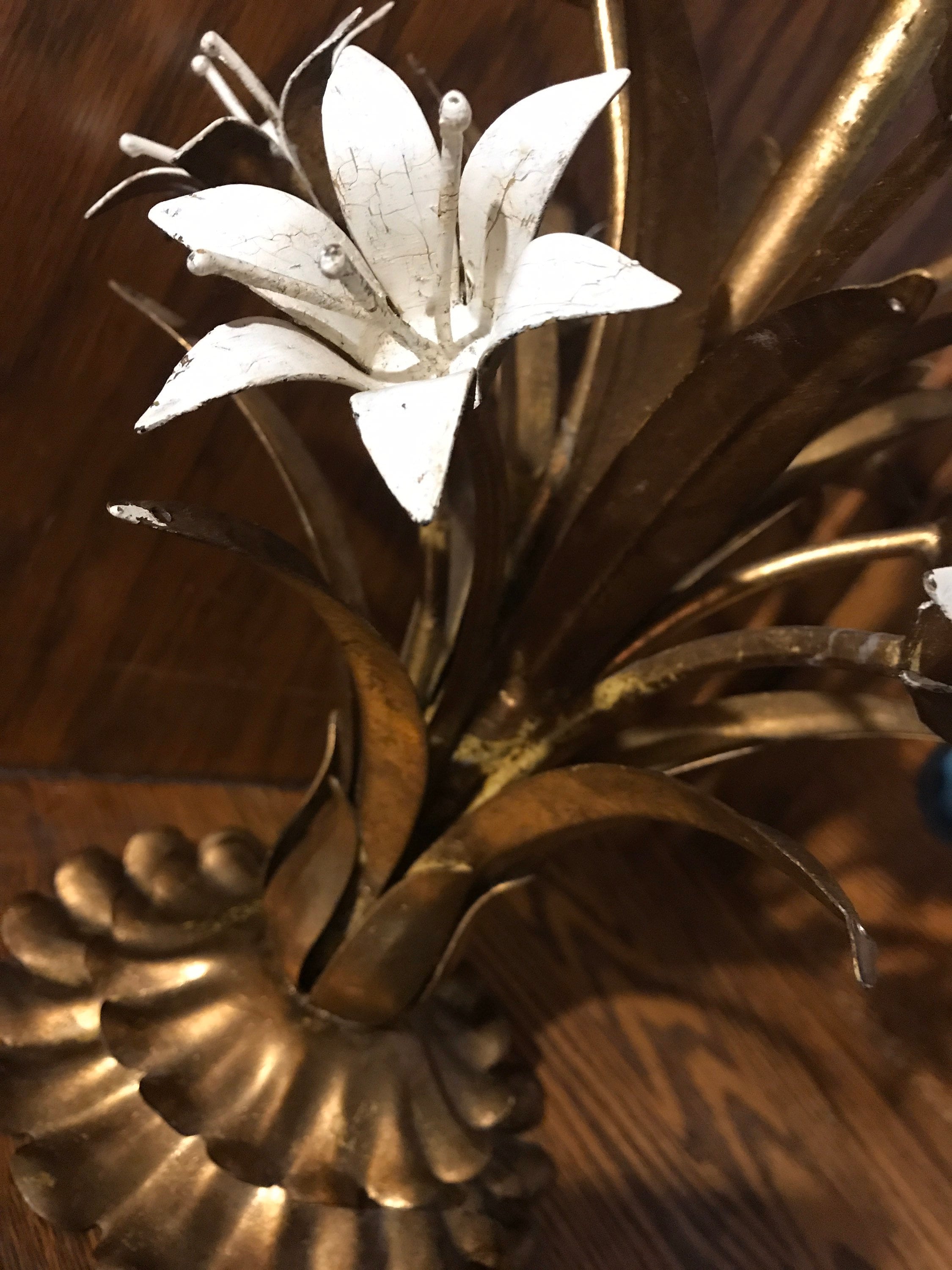 Vintage Metal Flower Candlestick Holders, Tole Floral Candlestick