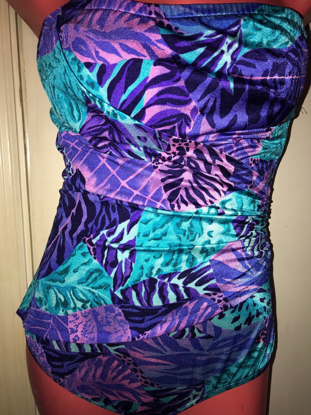 Vintage 1980's Jantzen Swimsuit. Vintage Turquoise, Purple, and Black