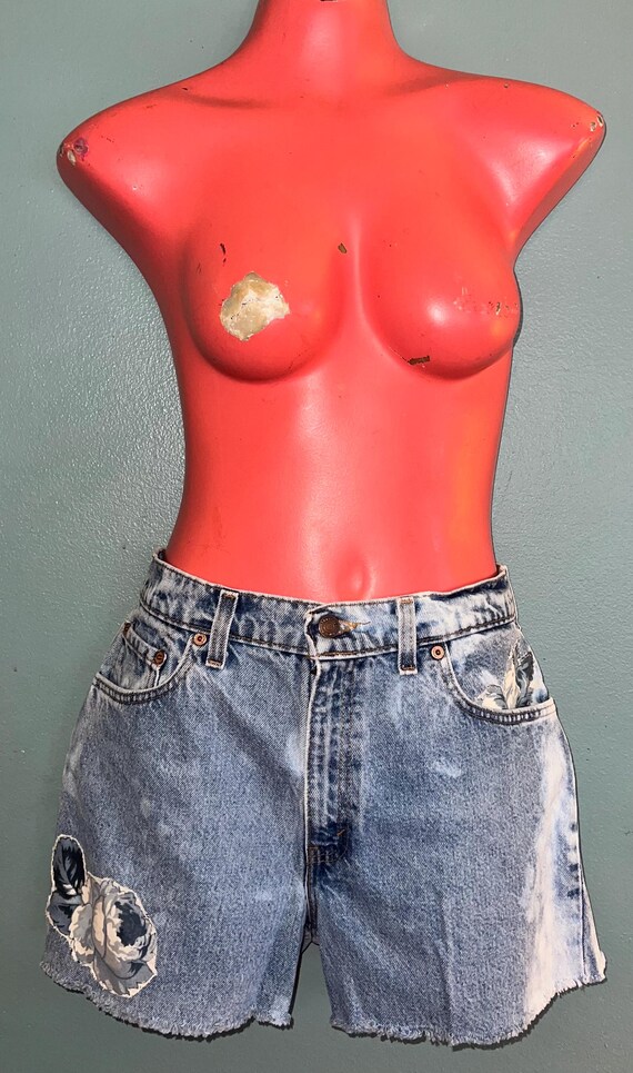 Vintage 80’s Reworked Bleached Levi Cutoff Shorts, Blue and White Flowers, OOAK, Size 11