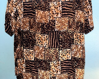 Vintage Animal Print Silk Shirt. Tiger, Leopard, Cheetah, Size Medium