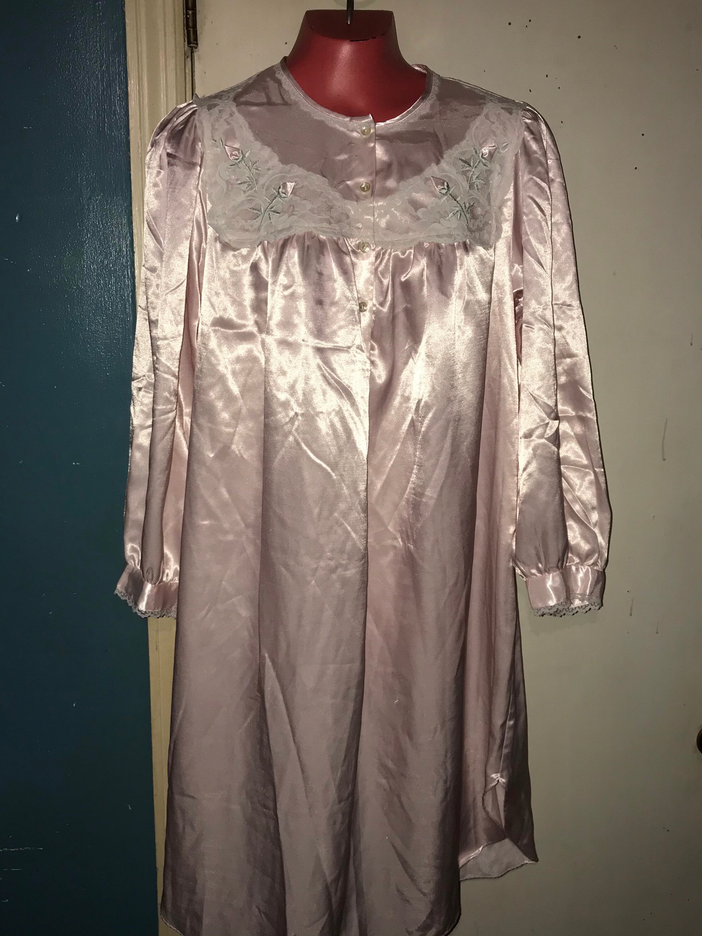 Vintage Pink Satin and Lace Country Cottage Romantic Nightgown. Miss