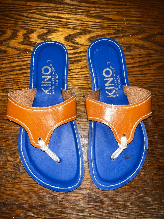 Vintage Kino, Key West Flip Flops. Blue and Brown Leather Sandals. Beach Shoes. Size 7. Made in Key West, Florida, USA