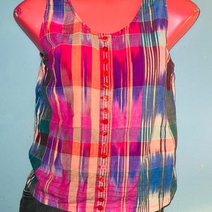 Vintage Women’s 1980s Plaid Tank Top, Button Down Sleeveless Shirt, Size Small
