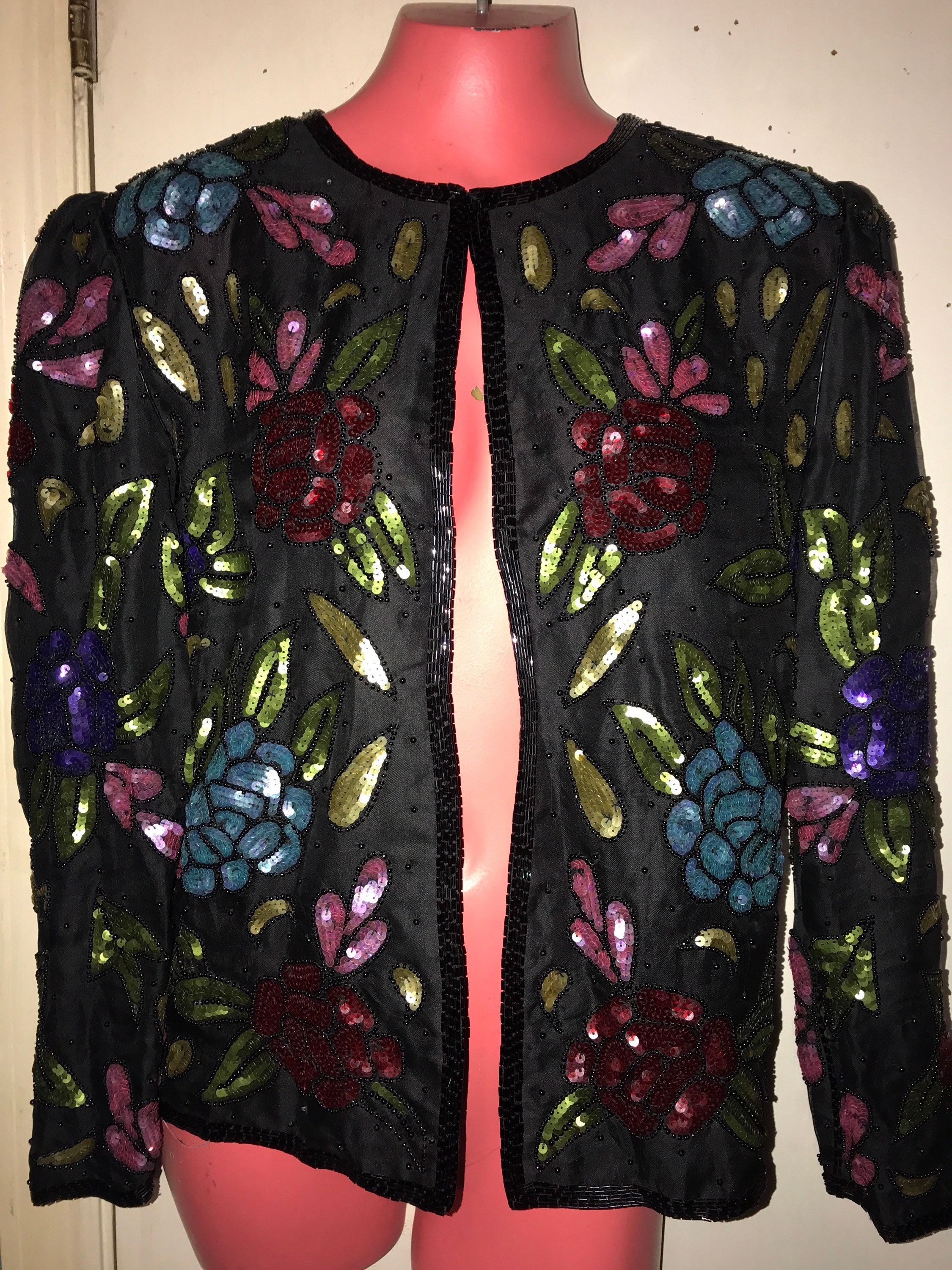 Vintage Scala Beaded Sequin Jacket. Beaded Sequin Open Jacket. Silk Sequin Jacket. Scala Floral