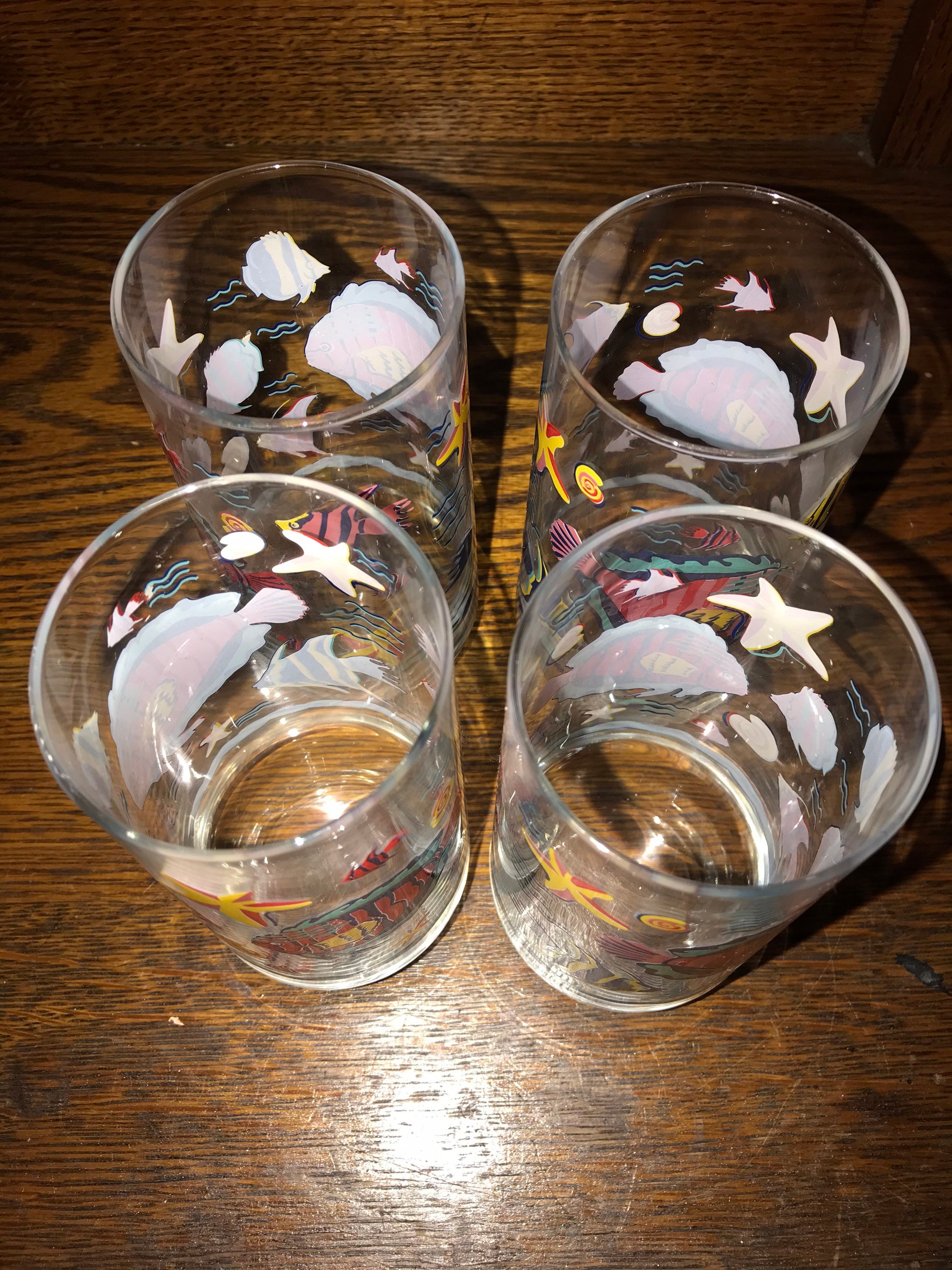 Vintage 1980’s Fish Glasses. Set of Four Tropical Fish Drinking Glasses