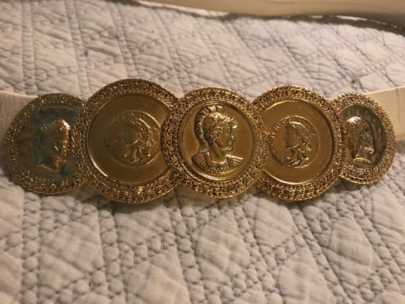 Vintage Gold Coin Belt Buckle. Gold Coin Belt Buckle. White Leather Belt With Gold Buckle. Gold Coins… Not Medallions But Still Pretty Great