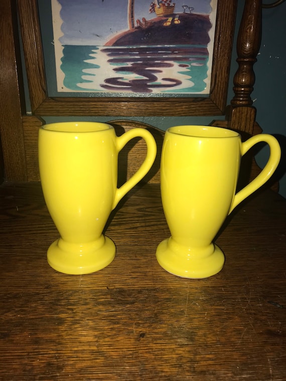 Vintage Tall Yellow Pottery Mugs. Yellow Mugs. Yellow Pottery Mug, Stamped USA. Nice Tall Yellow Mug Set