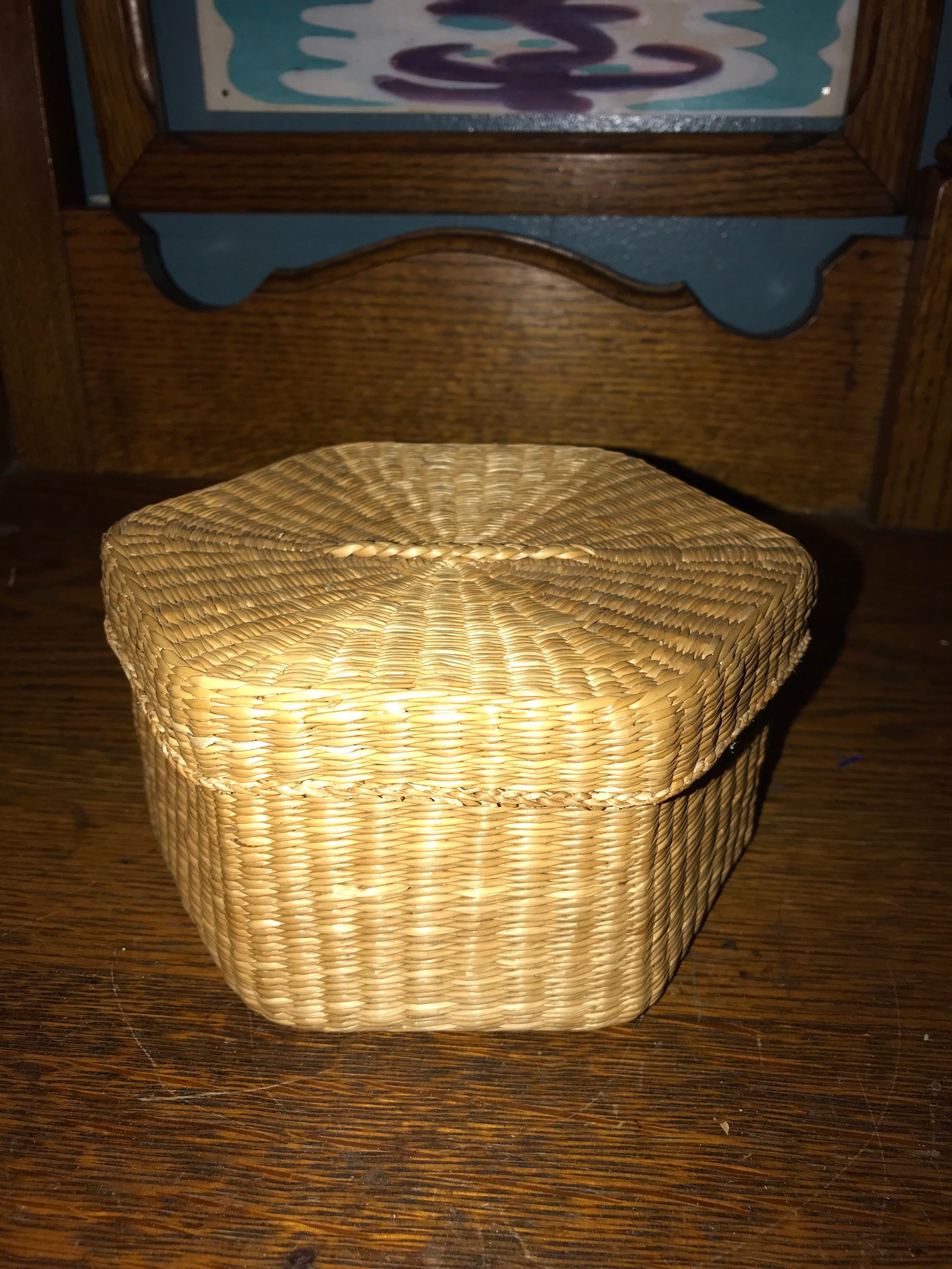 Vintage Small Woven Basket With Lid. Bohemian Woven Basket. Small