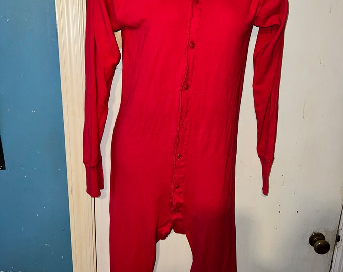 Vintage Red Union Suit With Rear Butt Flap. Thermal Onesie Long Johns