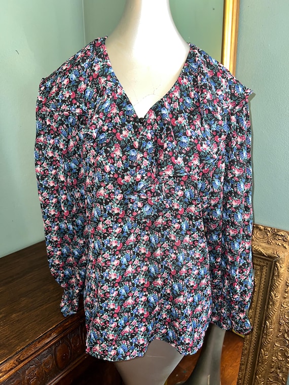 Vintage 1990’s Sheer Black Floral Shirt, Big Collar, Bell Wrists Size Medium