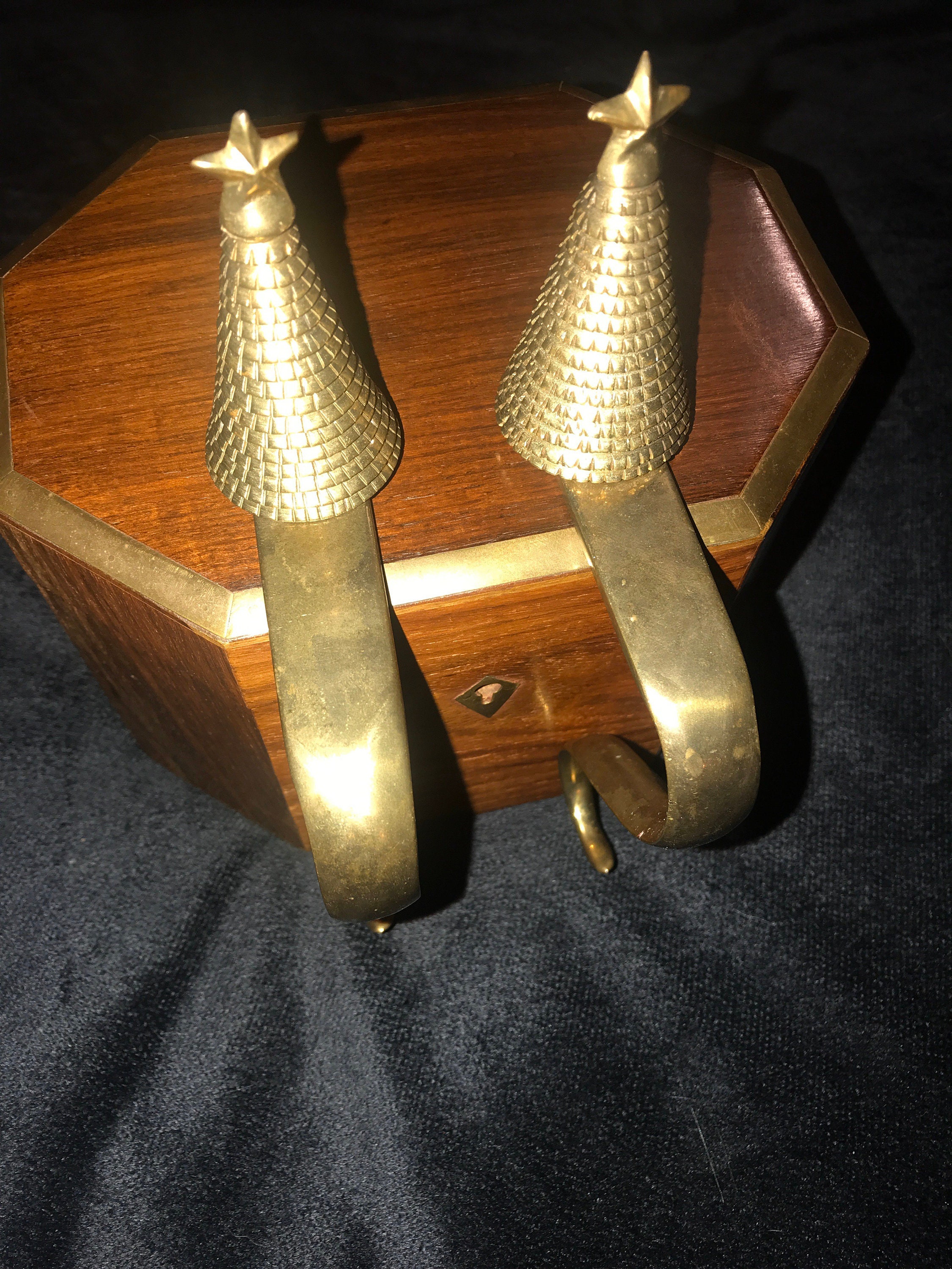 Vintage Brass Christmas Tree Stocking Holders. Set of Two Solid Brass Stocking Holders For