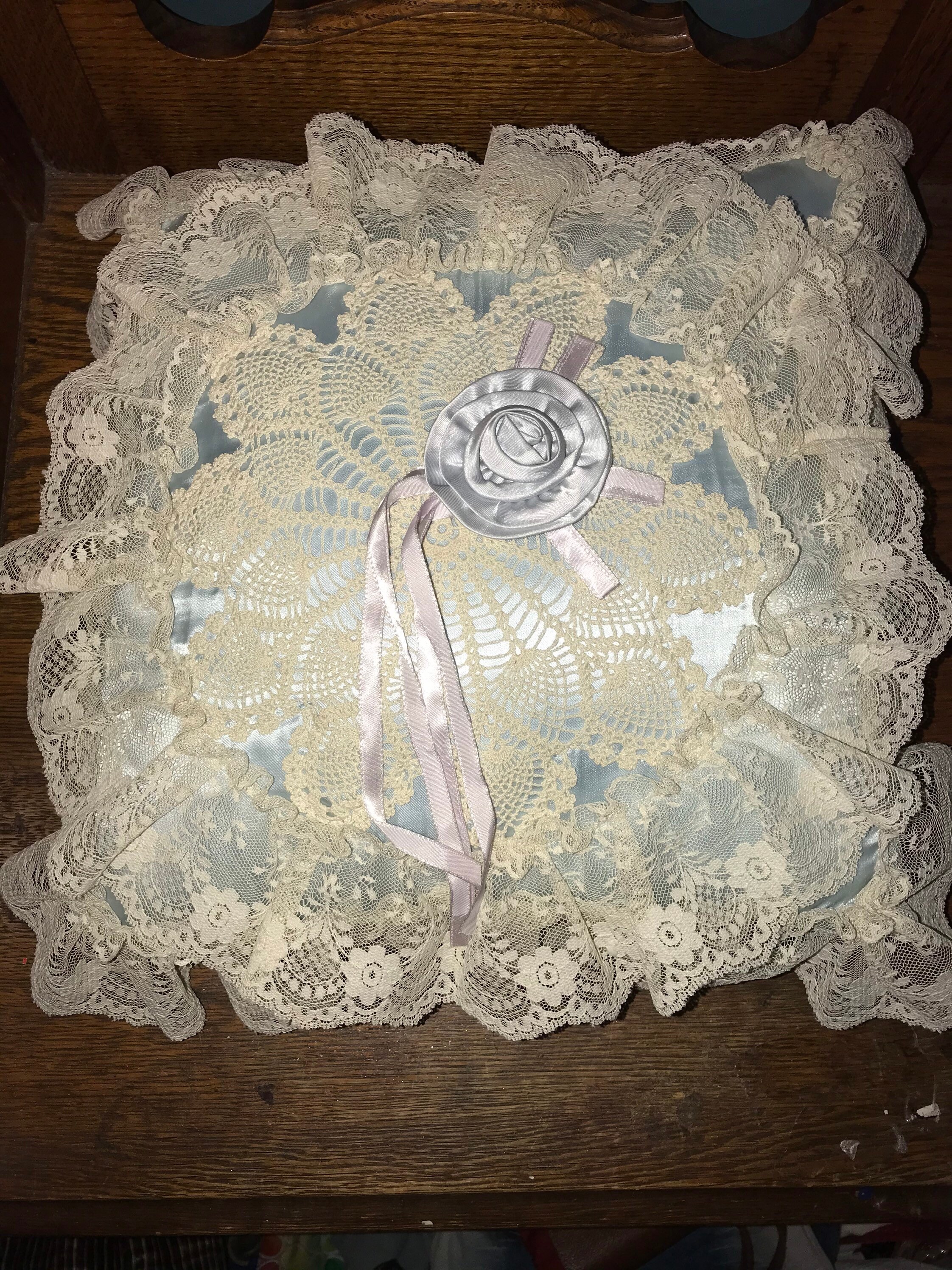 Vintage Blue Satin and Off White Lace Throw Pillow. Lace Shabby Chic
